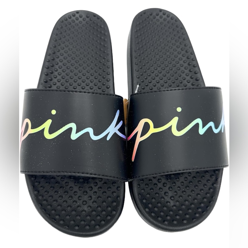 VICTORIAS SECRET PINK LOGO BLACK SLIDES SANDALS BEACH SHOWER SHOES  XL